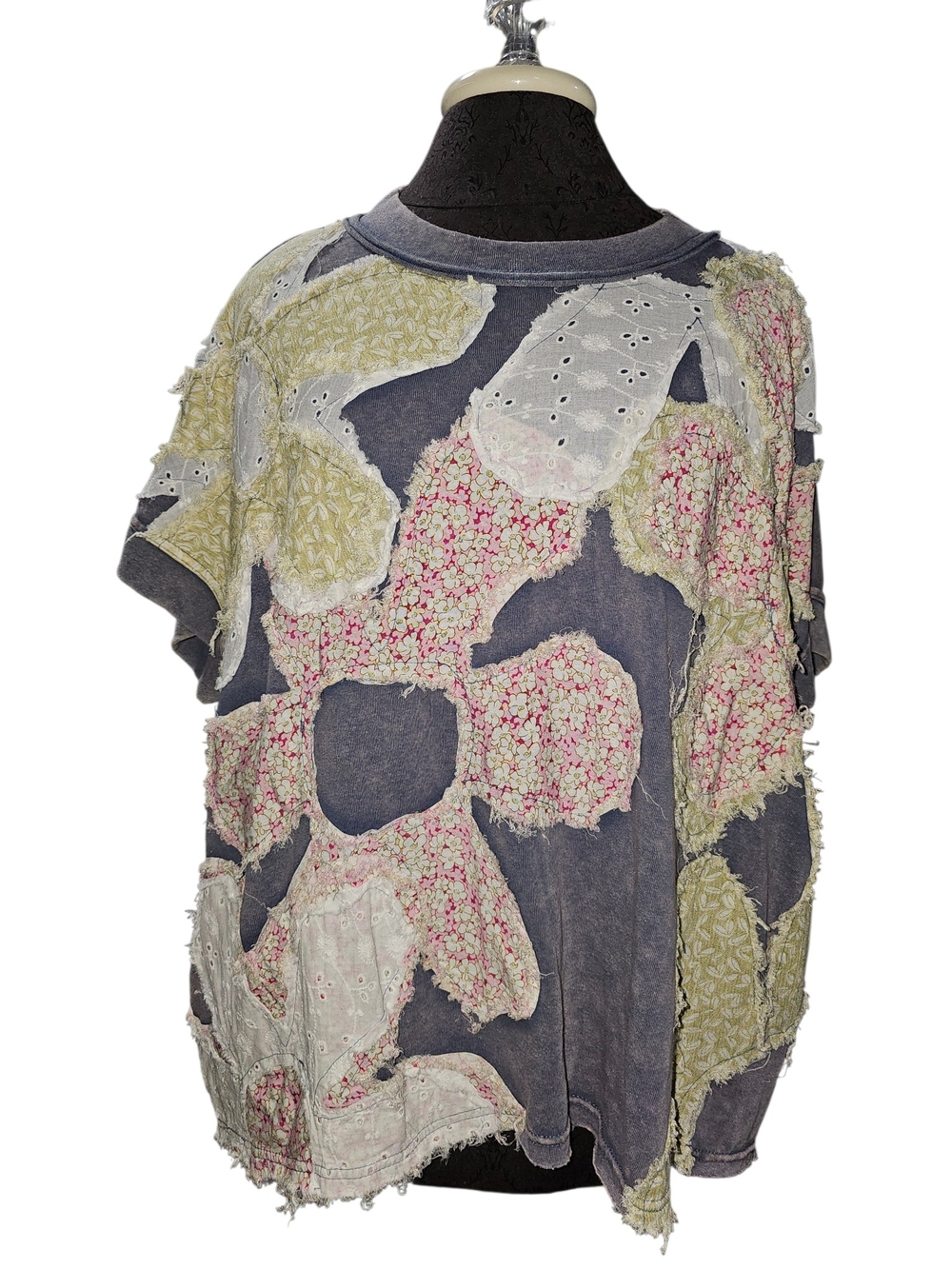 Oli & Hali S patchwork blue mineral wash floral lace oversized top pink green
